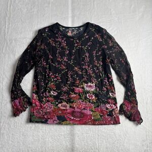 VTG Floral Black Long Sleeve Sheer Top Blouse‎ Women's Medium